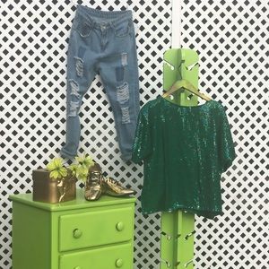 Green Sequins Top 100% Silk Shell